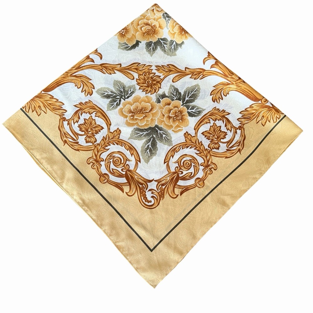 Vintage Baroque Floral Scarf Gold Cream Satin Square Head Neck Wrap - Picture 7 of 8